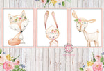 3 Deer Fox Bunny Rabbit Woodland Boho Bohemian Floral Nursery Baby Girl Room Set Lot Prints Printable Print Wall Art Home Decor