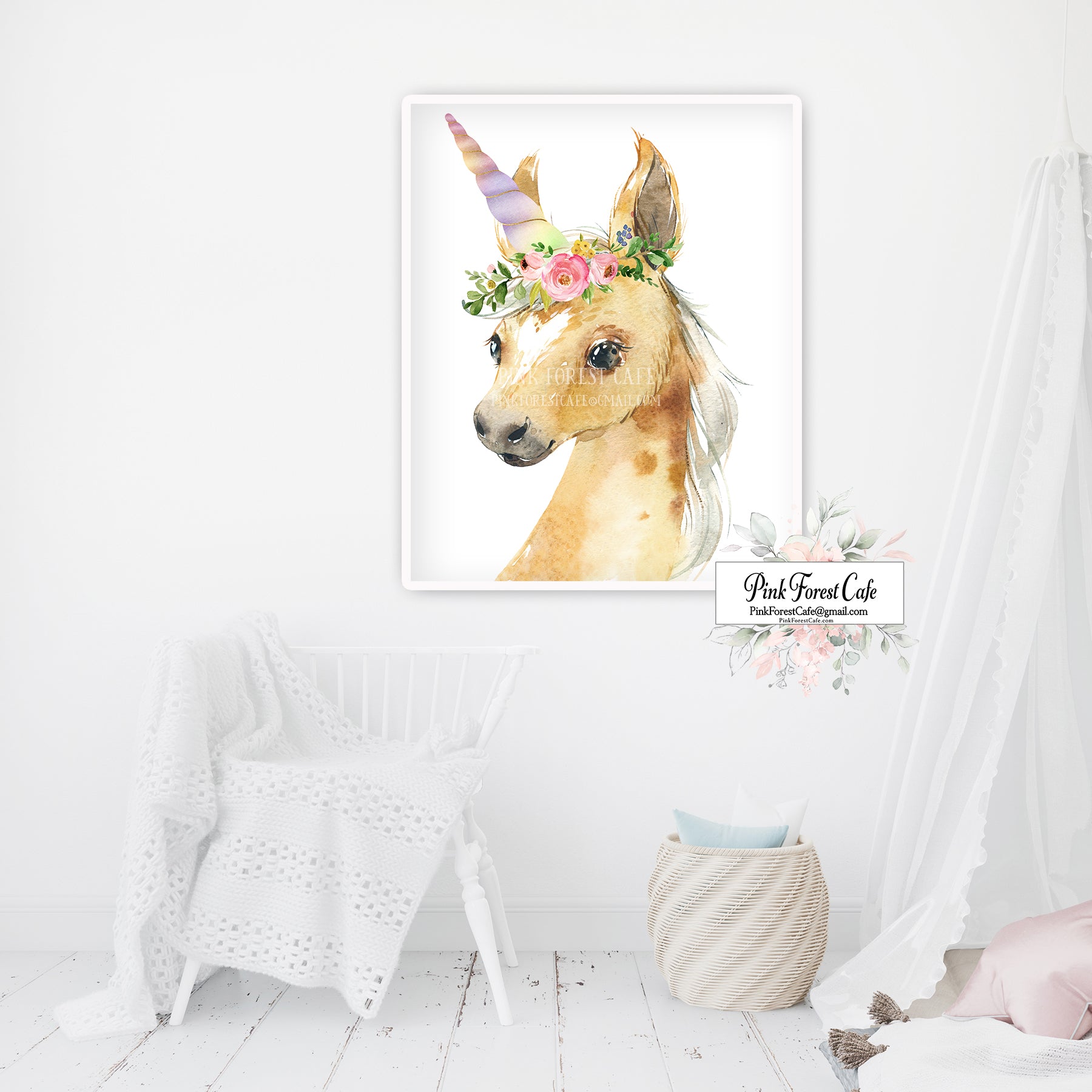 Unicorn Rainbow Baby Girl Whimsical Wall Art Print Bohemian Floral Printable Decor