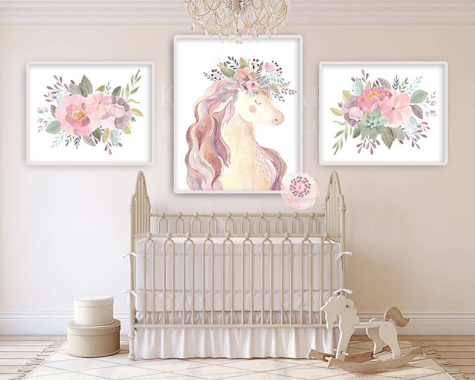 3 Boho Blush Unicorn Wall Art Print Baby Girl Nursery Ethereal Fantasy Watercolor Prints Set Lot Printable Decor