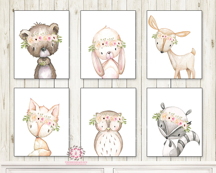 SALE Lot 6 Bunny Bear Deer Fox Woodland Wall Art Print Boho Bohemian Anemone Floral Greenery Nursery Baby Girl Room Set Prints Printable Home Decor