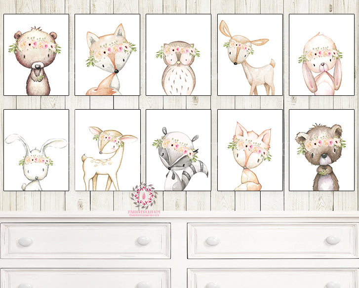 SALE Lot 10 Bunny Bear Deer Fox Woodland Wall Art Print Boho Bohemian Floral Anemone Nursery Baby Girl Room Set Prints Printable Home Decor