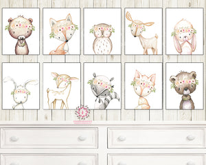 SALE Lot 10 Bunny Bear Deer Fox Woodland Wall Art Print Boho Bohemian Floral Anemone Nursery Baby Girl Room Set Prints Printable Home Decor