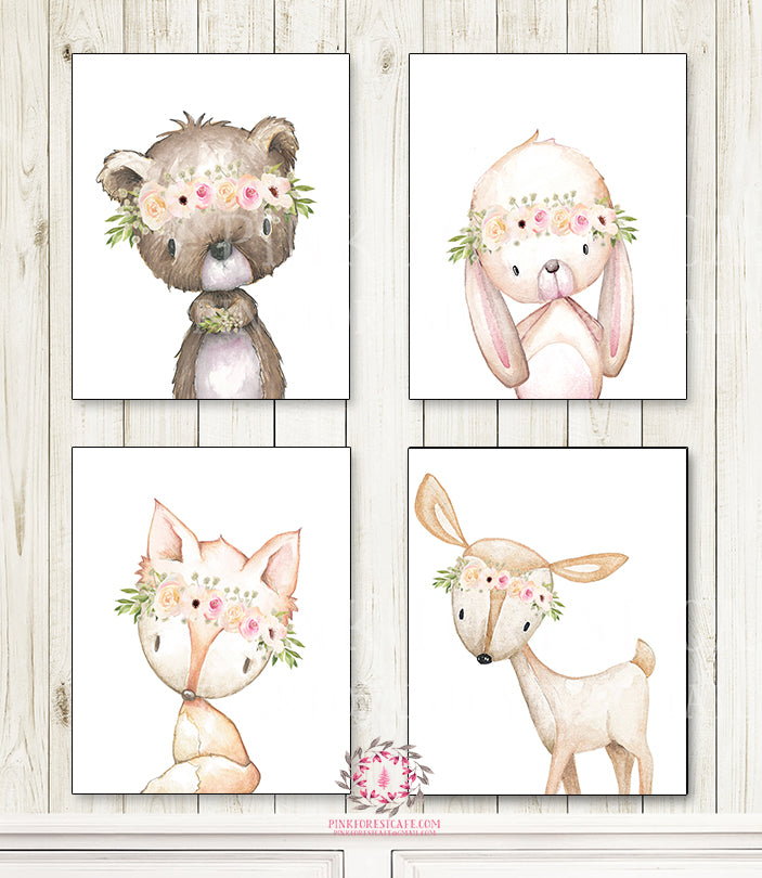 SALE Lot 4 Bunny Bear Deer Fox Woodland Wall Art Print Boho Bohemian Anemone Floral Greenery Nursery Baby Girl Room Set Prints Printable Home Decor