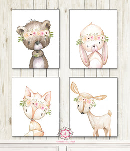 SALE Lot 4 Bunny Bear Deer Fox Woodland Wall Art Print Boho Bohemian Anemone Floral Greenery Nursery Baby Girl Room Set Prints Printable Home Decor