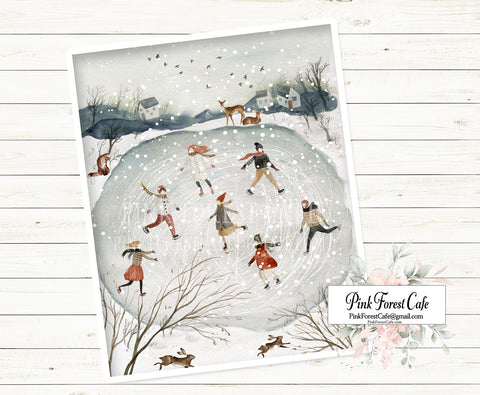 SALE Folk Winter Wonderland Ice Skating Rink Wall Art Print Printable Home Decor