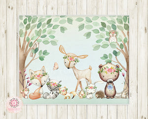 Woodland Animals Wall Art Print Boho Deer Bunny Fox Bear Hedgehog Floral Bohemian Watercolor Baby Girl Nursery Printable Decor