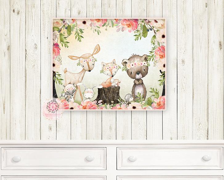 Boho Woodland Animals Wall Art Print Deer Bunny Fox Bear Hedgehog Floral Anemone Pink Blush Bohemian Watercolor Baby Girl Nursery Printable Decor