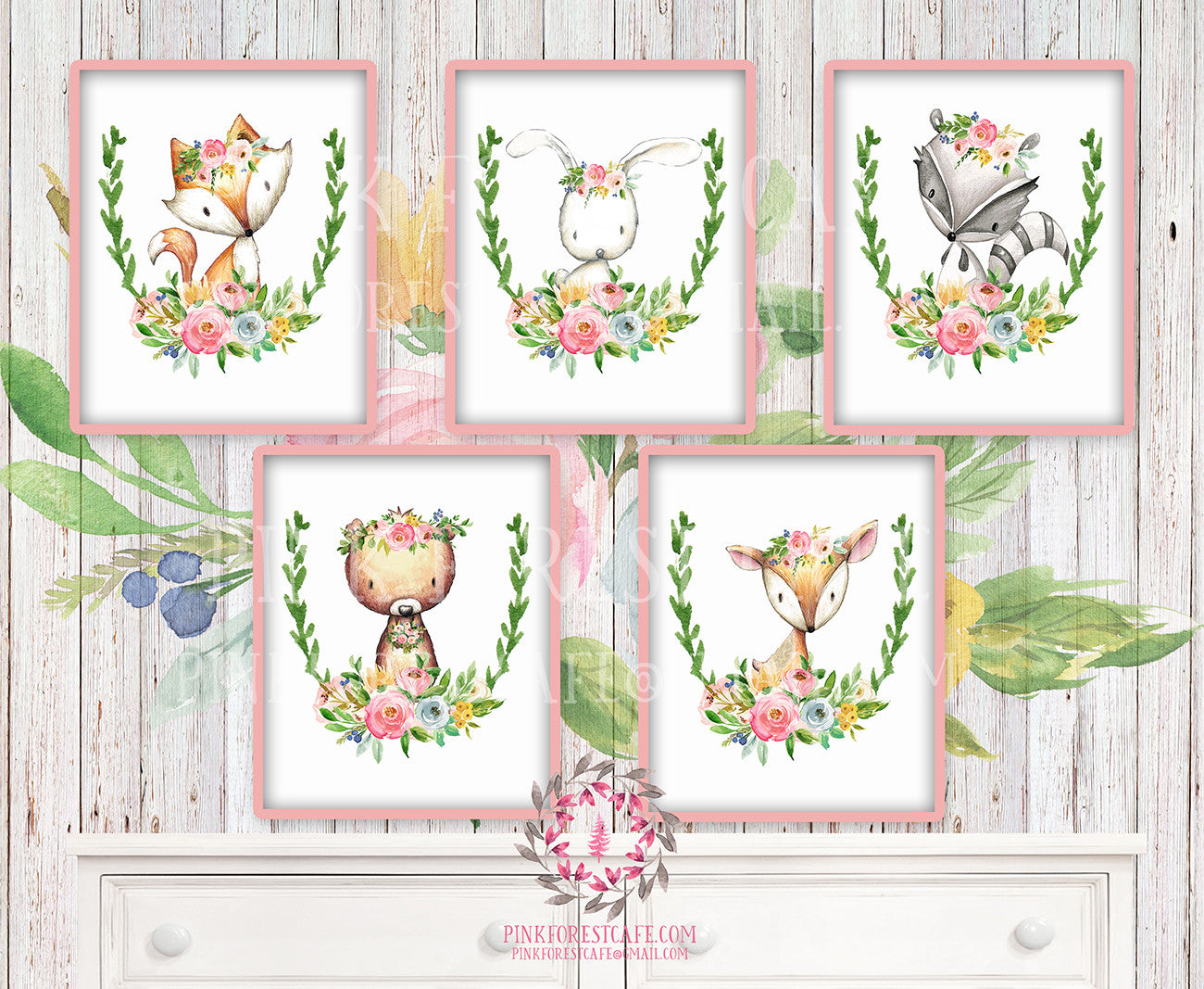 SALE 5 Woodland Boho Wall Art Print Deer Fox Bunny Rabbit Bear Raccoon Bohemian Floral Nursery Baby Girl Room Prints Printable Decor