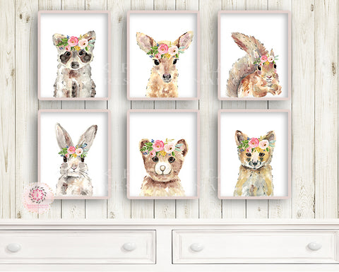 NEW 6 Deer Fox Bunny Rabbit Bear Wall Art Print Boho Woodland Nursery Raccoon Baby Girl Floral Room Set Lot Prints Printable Décor