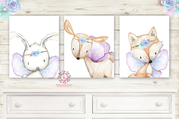 Fairy Bunny Rabbit Deer Fox Boho Wall Art Prints Nursery Woodland Wings Purple Floral Bohemian Floral Girls Baby Kids Room Bedroom Decor Print Set Of 3