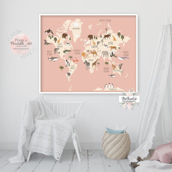 Boho World Map Zoo Animal Wall Art Print Pink Baby Girl Nursery Room Printable Decor