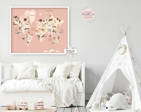 Boho World Map Zoo Animal Wall Art Print Pink Baby Girl Nursery Room Printable Decor