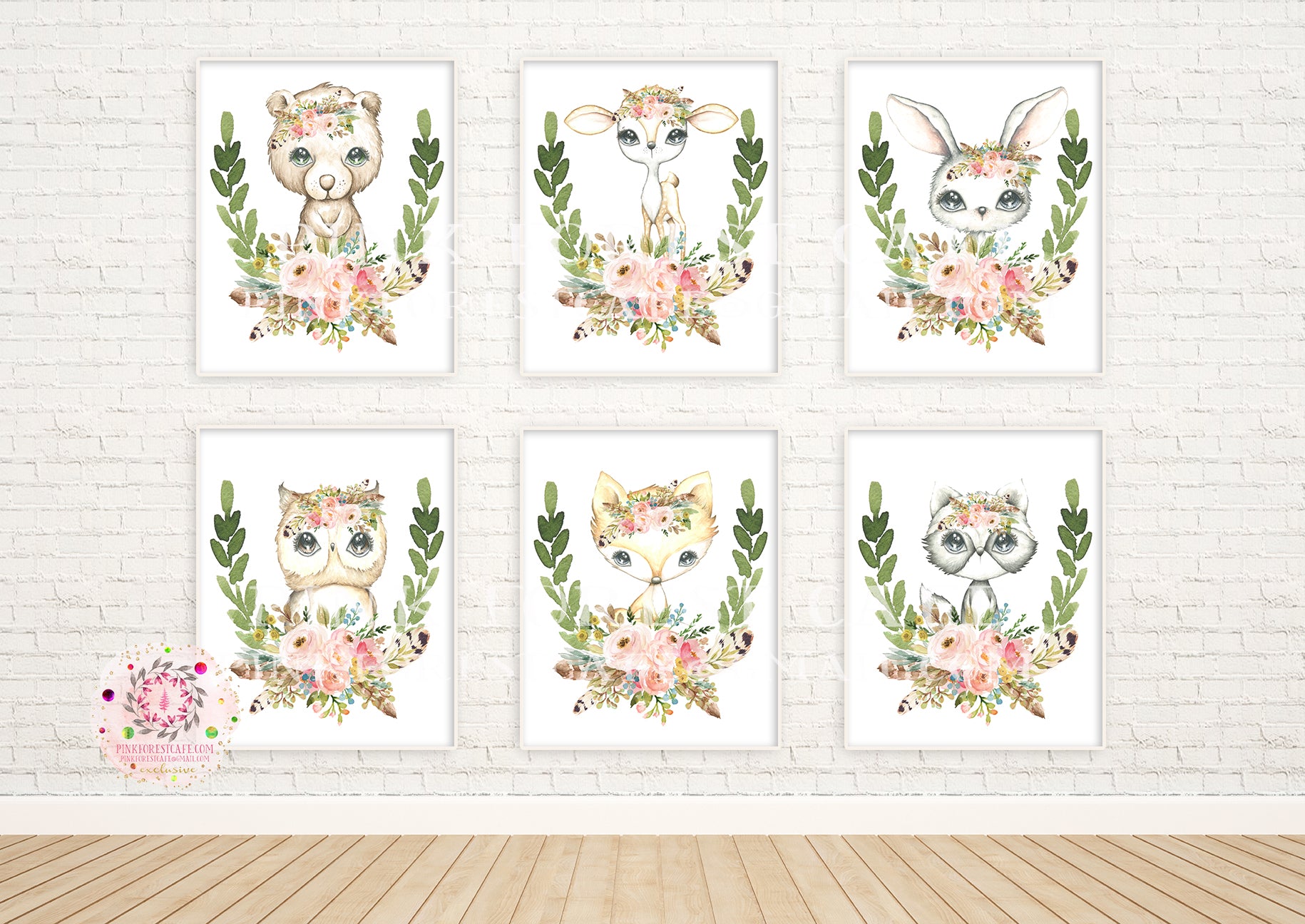 NEW 6 Deer Fox Bunny Rabbit Bear Boho Wall Art Print Feather Woodland Bohemian Floral Nursery Owl Raccoon Blush Ivory Pink Baby Girl Room Set Lot Prints EXCLUSIVE** Printable  Décor