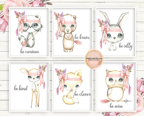 SALE 6 Deer Fox Bunny Rabbit Wall Art Print Bear Boho Pink Tribal Woodland Bohemian Arrow Floral Nursery Owl Raccoon Baby Girl Room Set Lot Prints EXCLUSIVE** Printable Décor