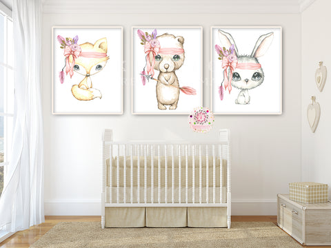 NEW 3 Fox Bunny Rabbit Bear Boho Wall Art Print Pink Tribal Woodland Bohemian Arrow Floral Nursery Baby Girl Room Set Lot Prints EXCLUSIVE** Printable Décor