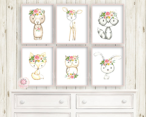 NEW 6 Deer Fox Bunny Rabbit Bear Boho Wall Art Print Woodland Bohemian Floral Nursery Owl Raccoon Pink Baby Girl Room Set Lot Prints EXCLUSIVE** Printable  Décor