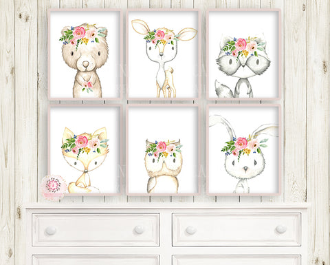 NEW 6 Deer Fox Bunny Rabbit Bear Boho Wall Art Print Woodland Bohemian Floral Nursery Owl Raccoon Pink Baby Girl Room Set Lot Prints EXCLUSIVE** Printable  Décor