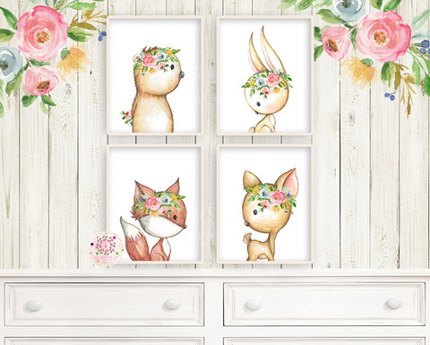 NEW 4 Boho Deer Fox Bunny Rabbit Bear Wall Art Print Woodland Bohemian Floral Nursery Pink Baby Girl Room Set Lot Prints EXCLUSIVE** Printable  Décor