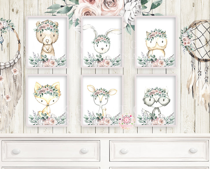 NEW 6 Deer Fox Bunny Rabbit Bear Boho Wall Art Print Blush Woodland Bohemian Floral Nursery Owl Raccoon Blush Ivory Pink Baby Girl Room Set Lot Prints Printable Décor