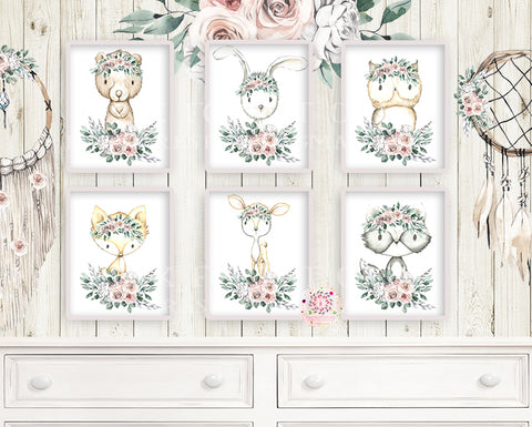 NEW 6 Deer Fox Bunny Rabbit Bear Boho Wall Art Print Blush Feather Woodland Bohemian Floral Nursery Owl Raccoon Blush Ivory Pink Baby Girl Room Set Lot Prints Printable Décor