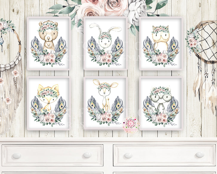 NEW 6 Deer Fox Bunny Rabbit Bear Boho Wall Art Print Blush Peacock Feather Woodland Bohemian Floral Nursery Owl Raccoon Blush Ivory Pink Baby Girl Room Set Lot Prints Printable Décor