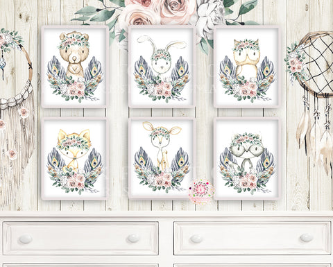 NEW 6 Deer Fox Bunny Rabbit Bear Boho Wall Art Print Blush Peacock Feather Woodland Bohemian Floral Nursery Owl Raccoon Blush Ivory Pink Baby Girl Room Set Lot Prints Printable Décor