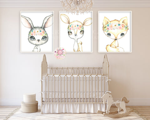 NEW 3 Deer Fox Bunny Rabbit Boho Wall Art Print Woodland Bohemian Floral Nursery Blush Ivory Pink Baby Girl Room Set Lot Prints EXCLUSIVE** Printable  Décor