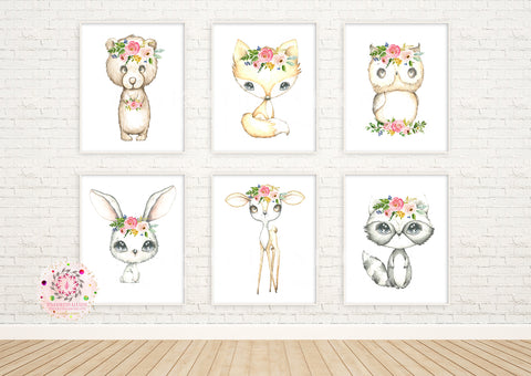 NEW 6 Deer Fox Bunny Rabbit Bear Boho Wall Art Print Woodland Bohemian Floral Nursery Owl Raccoon Pink Baby Girl Room Set Lot Prints EXCLUSIVE** Printable Décor