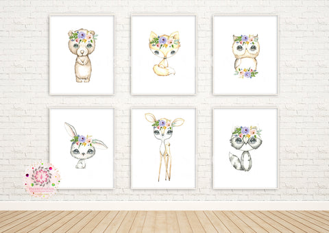 NEW 6 Deer Fox Bunny Rabbit Bear Boho Wall Art Print Woodland Bohemian Floral Nursery Owl Raccoon Purple Pink Baby Girl Room Set Lot Prints EXCLUSIVE** Printable Décor