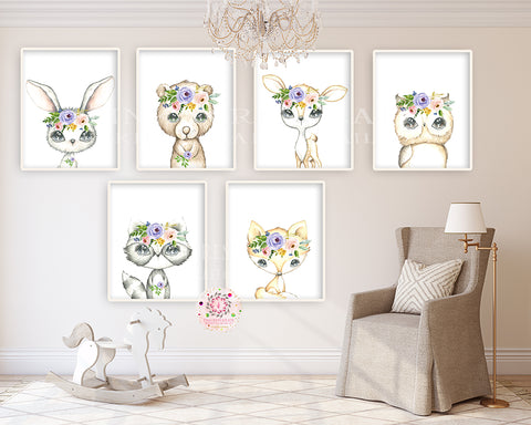 NEW 6 Deer Fox Bunny Rabbit Bear Boho Wall Art Print Woodland Bohemian Floral Nursery Owl Raccoon Purple Pink Baby Girl Room Set Lot Prints EXCLUSIVE** Printable Décor