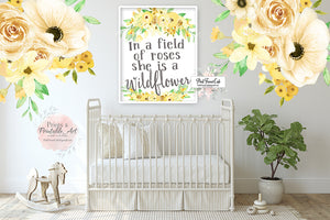 Boho Yellow Wildflower Wall Art Print Peony Nursery Baby Girl Room