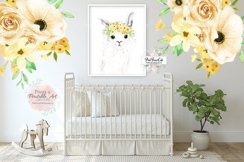 Boho Yellow Llama Alpaca Wall Art Print Peony Nursery Baby Girl Room Floral Peonies Blush Rose Pink Bohemian Watercolor Printable Decor