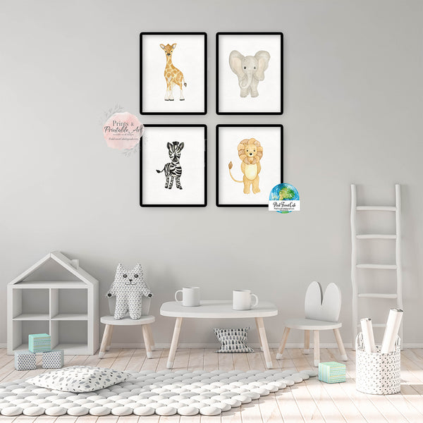 4 Elephant Zebra Giraffe Lion Wall Art Print Baby Nursery Zoo Watercol ...