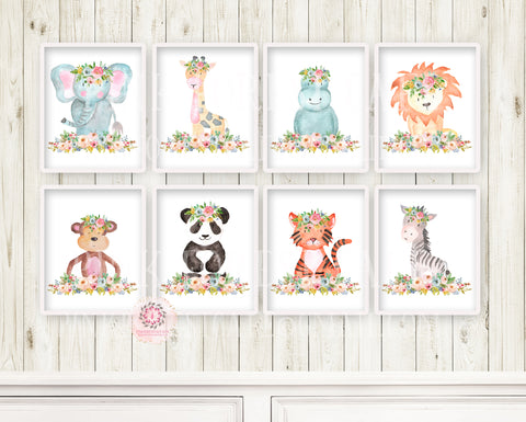 SALE Monkey Zebra Giraffe Lion Elephant 8 Zoo Boho Bohemian Garden Floral Nursery Baby Girl Room Playroom Set Lot Prints Printable Print Wall Art Home Decor