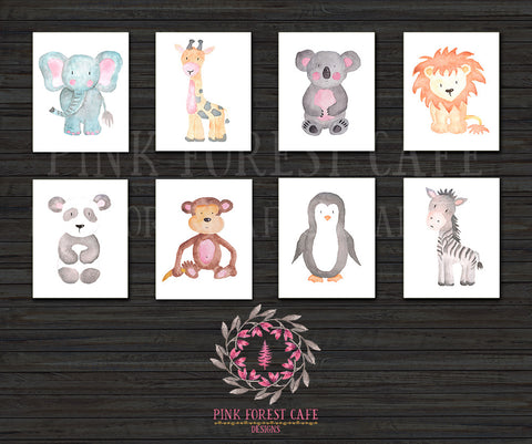 Set Lot of 8 ZOO Safari Nursery Kids Room Playroom Prints Zebra Lion Koala Elephant Penguin Panda Monkey Giraffe Gift Printable Wall Poster Sign Art Home Decor