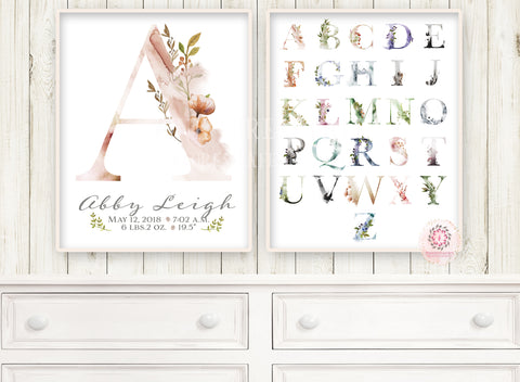 2 Ethereal Baby Name Monogram Initial Personalized Wall Art Print Alphabet ABC Sampler Initials Birth Stats Announcement Gift Watercolor Splash Floral Baby Nursery Newborn Keepsake Custom Customized Printable Decor