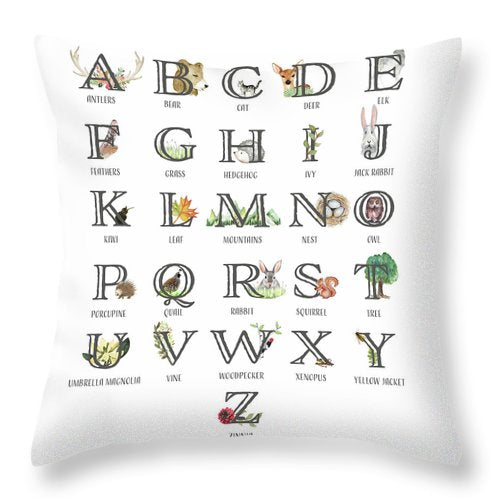 Abc Woodland Alphabet Sampler Baby Nursery Throw Pillow - Deer Bear Decor