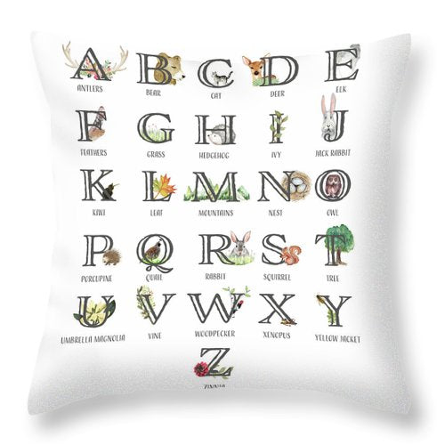 Abc Woodland Alphabet Sampler Baby Nursery Throw Pillow - Deer Bear Decor