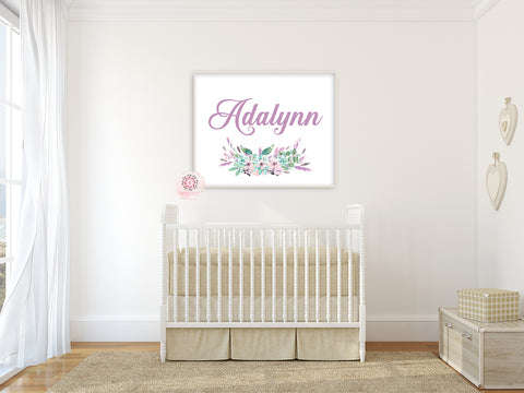 Purple Lavender Baby Name Wall Art Print Boho Woodland Nursery Baby Girl Floral Room Set Lot Watercolor Personalized Birth Stats Printable Decor