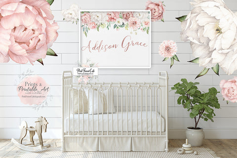 Personalized Custom Calligraphy Baby Girl Name Wall Art Print Boho Blush Peony Watercolor Baby Nursery Decor