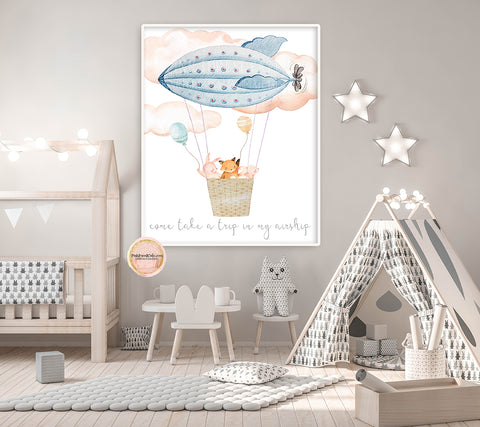 Woodland Fox Bunny Airship Balloon Wall Art Print Baby Nursery Zeppelin Watercolor Printable Decor