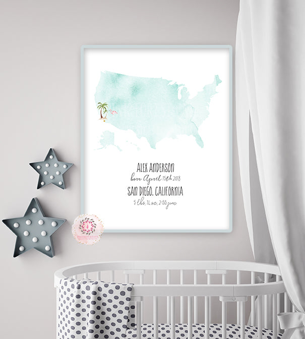 Wanderlust Map Baby Name Wall Art Print Birth Stats Nursery Baby Boy Girl Room Watercolor Personalized Printable Decor