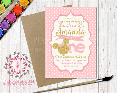 Minnie Mouse 1st Birthday Pink Disney Birthday Party Printable Invitation Invite