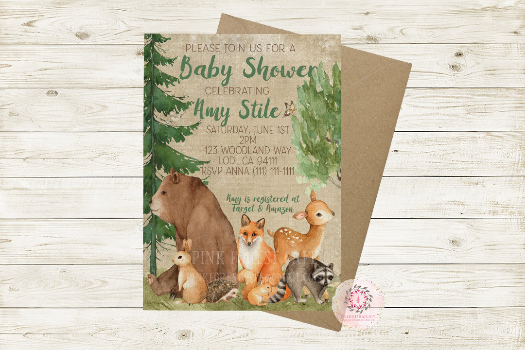 Woodland Animal Invite Invitation Baby Shower Birthday Party Deer Bear Fox Watercolor Rustic Printable