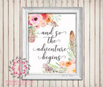 And So The Adventure Begins Boho Feather Wall Art Print Tribal Watercolor Floral Baby Girl Room Printable Nursery Home Decor