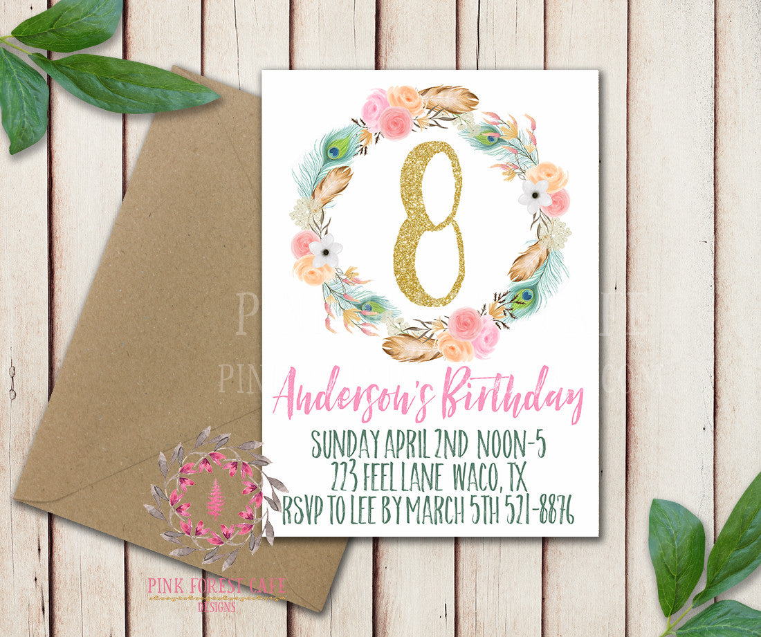 Baby Girl 1st 2nd 3rd 4th 5th ANY NUMBER Feather Boho Garden Floral Birthday Party Invitation Announcement Invite Watercolor Printable Art Stationery Card