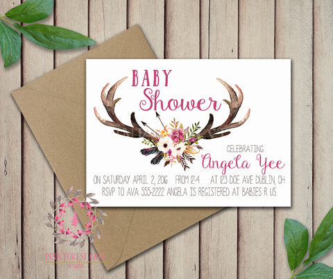 Baby Bridal Bride Shower Birthday Party Deer Antlers Wedding Invitation Save The Date Announcement Invite Feathers Tribal Woodland Watercolor Floral Rustic Printable Art Stationery Card