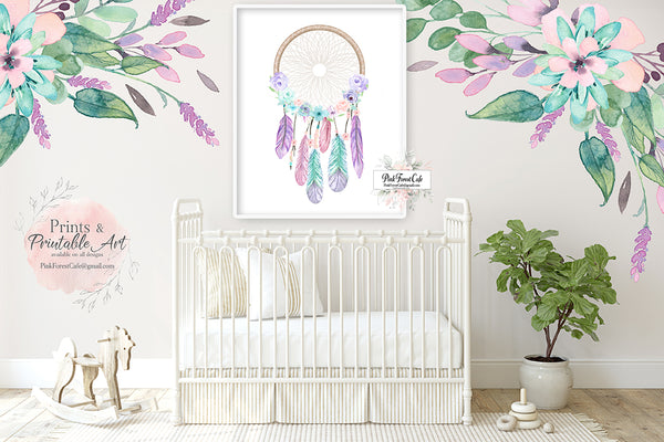 Purple Dreamcatcher Feather Tribal Boho Wall Art Print Baby Girl Nursery Turquoise Blue Watercolor Printable Decor