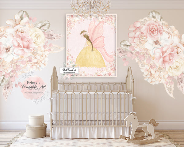 Peony Fairy Angel Wings Wall Art Print Baby Girl Nursery Pink Yellow Peonies Rose Decor