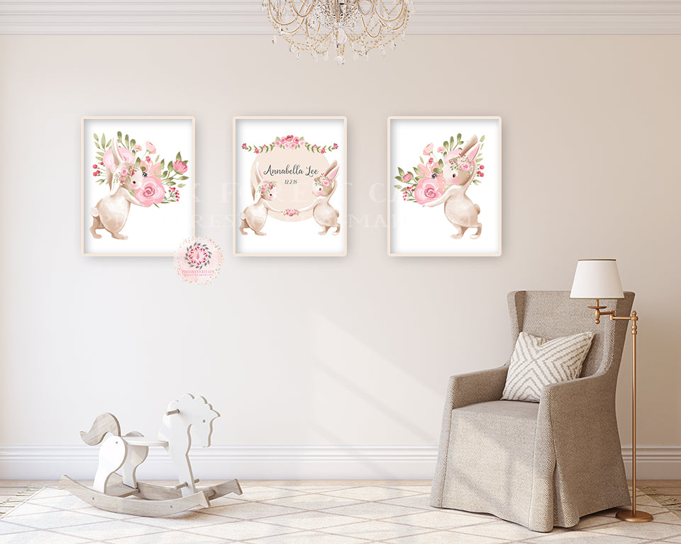 3 Bunny Rabbit Personalized Baby Name Wall Art Print Birth Stats Woodland Boho Nursery Baby Girl Room Set Lot Prints Printable Decor